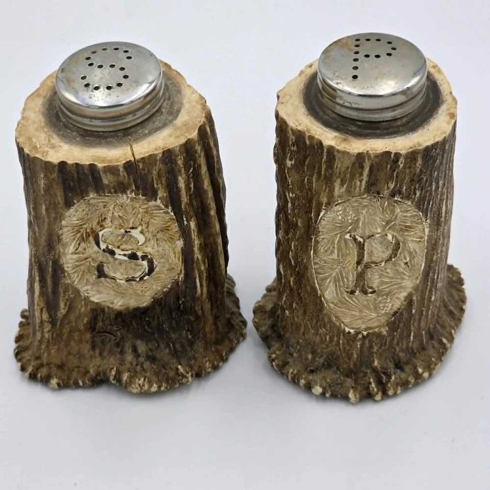 Deer Antler Wood Salt & Pepper Shaker Set Rustic Woodsy Outdoorsy Unique
